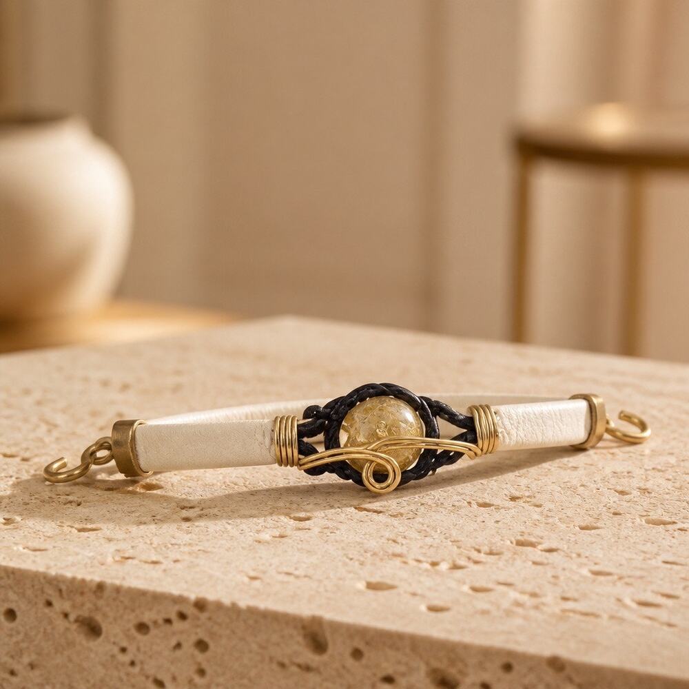 Handmade Leather and Wire Wrapped Bracelet | Gold Finish Statement Cuff